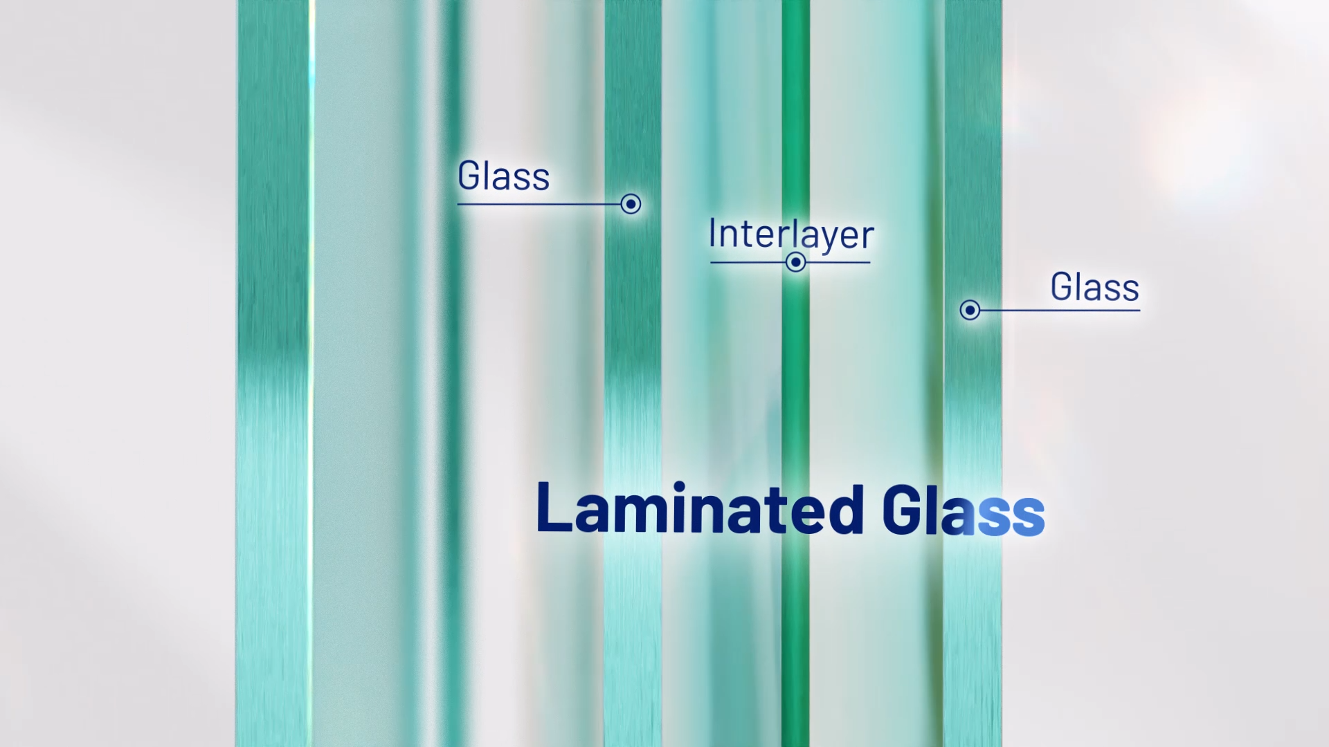 Laminated impact glass construction showing glass layers and interlayer