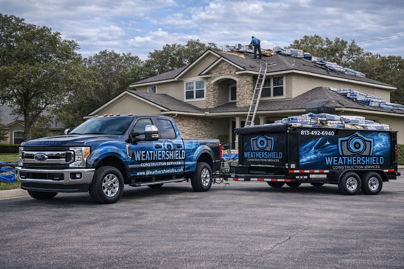 Weathershield Construction Services truck and trailer at a Tampa Bay roofing job site